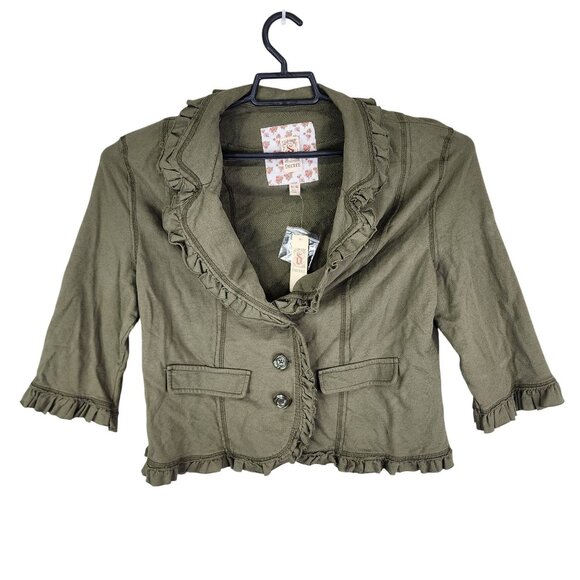 Womens Olive Green Decree Ruffle Blazer Jacket 3/4 Sleeves 100% Cotton Size XL - Picture 1 of 10